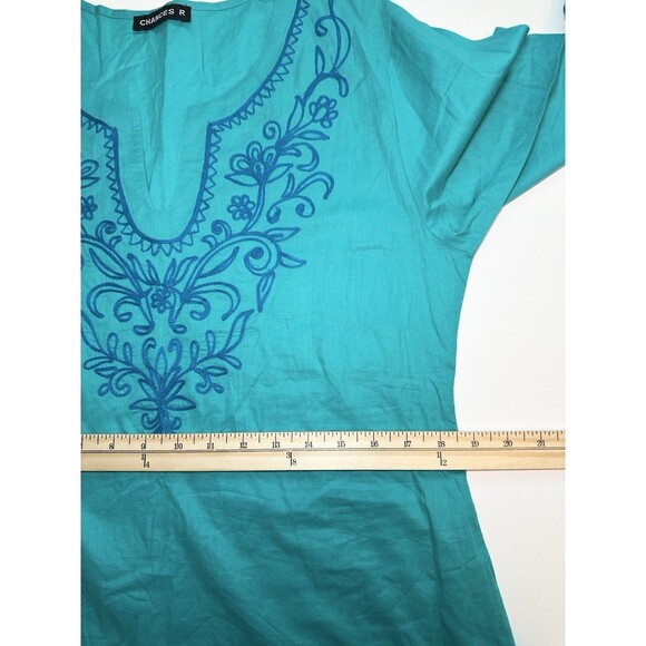 Chances R Blue Embroidered‎ 3/4 Sleeve Cotton Tunic Blouse Resort Wear Women's - Picture 13 of 15